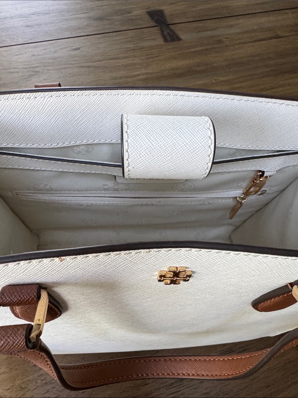 Tory Burch Cream Leather Satchel with Brown Handles and Yellow Floral Strap - Picture 11 of 14